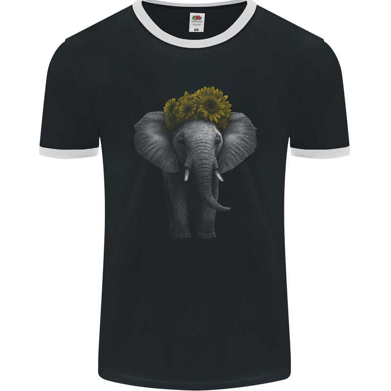 Elephant Sunflower Mens Ringer T-Shirt FotL Black/White