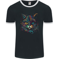 Multicoloured Tribal Fantasy Cat Mens Ringer T-Shirt FotL Black/White