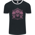 3 Ornate Pink Skulls Gothic Goth Mens Ringer T-Shirt FotL Black/White