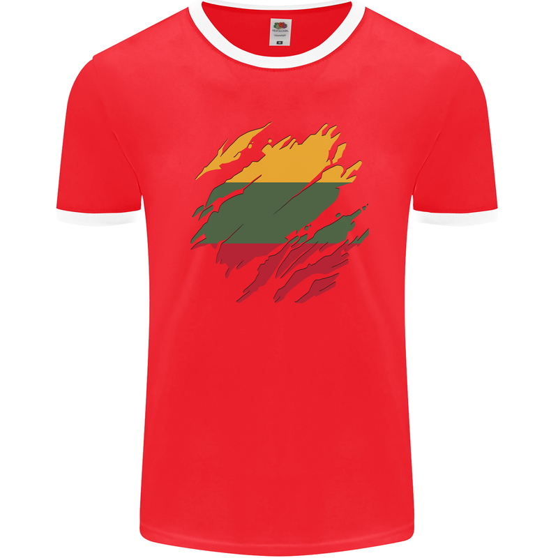 Torn Lithuania Flag Lithuania Day Football Mens Ringer T-Shirt FotL Red/White