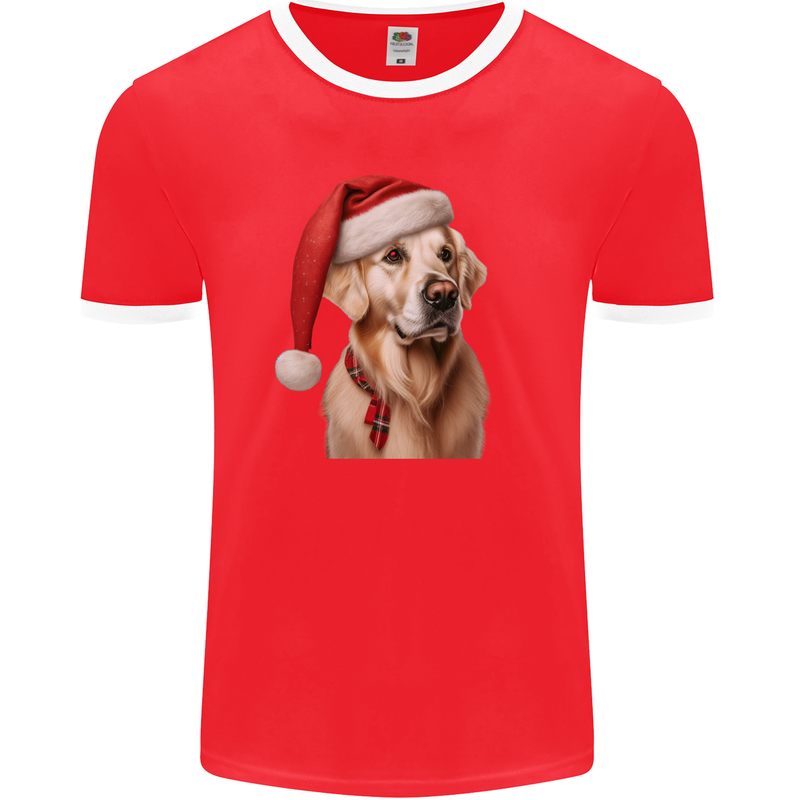 Christmas Golden Retriever Xmas Hat Dog Mens Ringer T-Shirt FotL Red/White