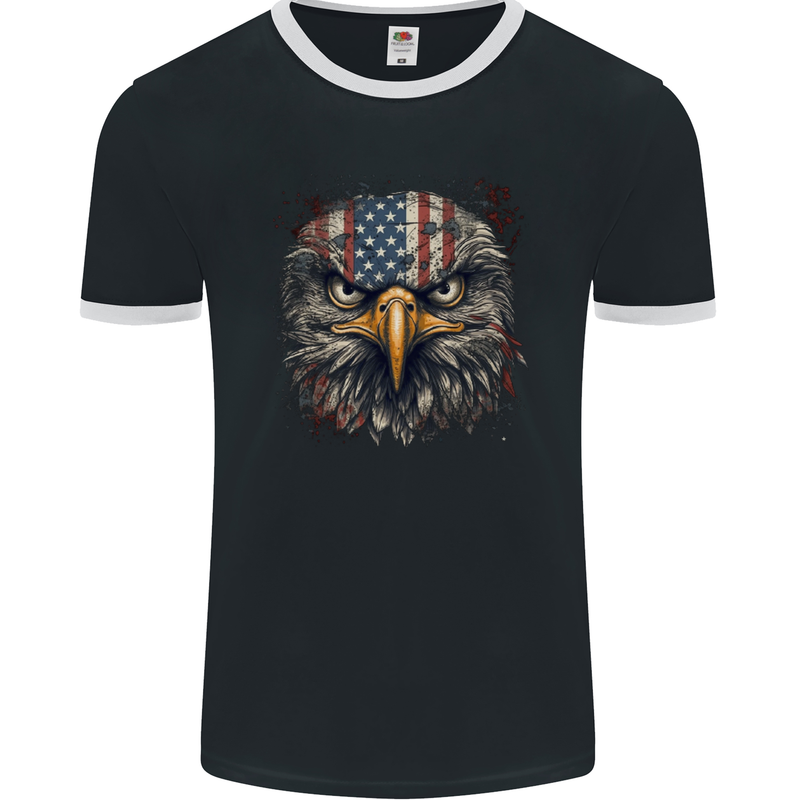 USA American Eagle Head America Mens Ringer T-Shirt FotL Black/White
