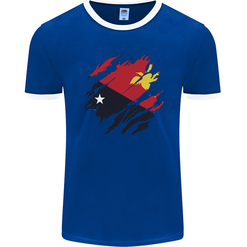 Torn Papua New Guinea Flag Day Football Mens Ringer T-Shirt FotL Royal Blue/White