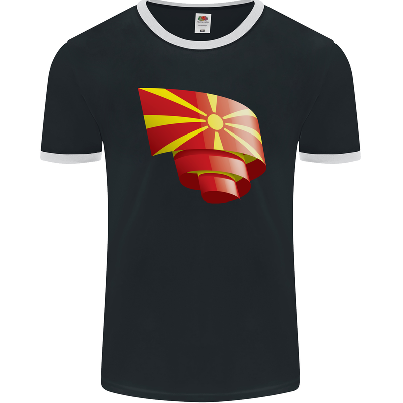 Curled Macedonia Flag Macedonian Day Football Mens Ringer T-Shirt FotL Black/White