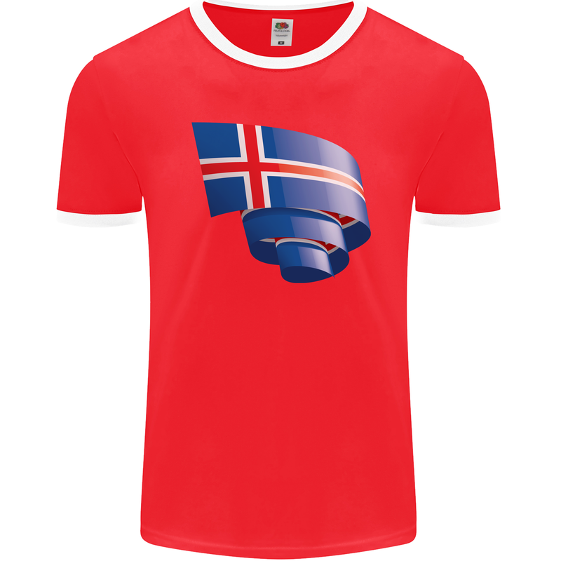 Curled Iceland Flag Icelander Day Football Mens Ringer T-Shirt FotL Red/White