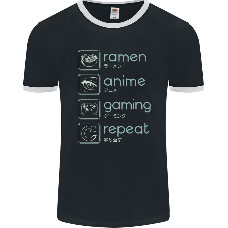 Ramen Anime Gaming Repeat Gamer Mens Ringer T-Shirt FotL Black/White