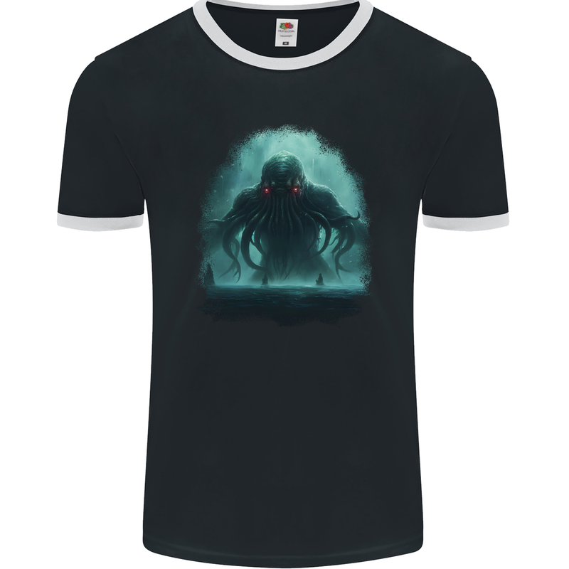 Kraken Sea Monster Cthulhu Mythology Mens Ringer T-Shirt FotL Black/White