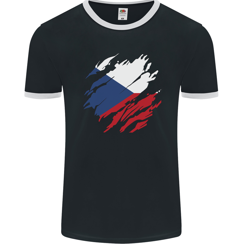 Torn Czechia Flag Czech Republic Day Football Mens Ringer T-Shirt FotL Black/White