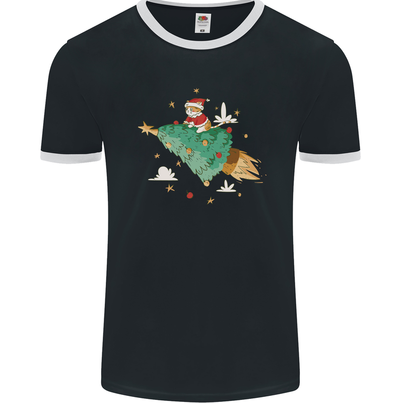 Christmas Cat Space Rocket Xmas Tree Ship Mens Ringer T-Shirt FotL Black/White