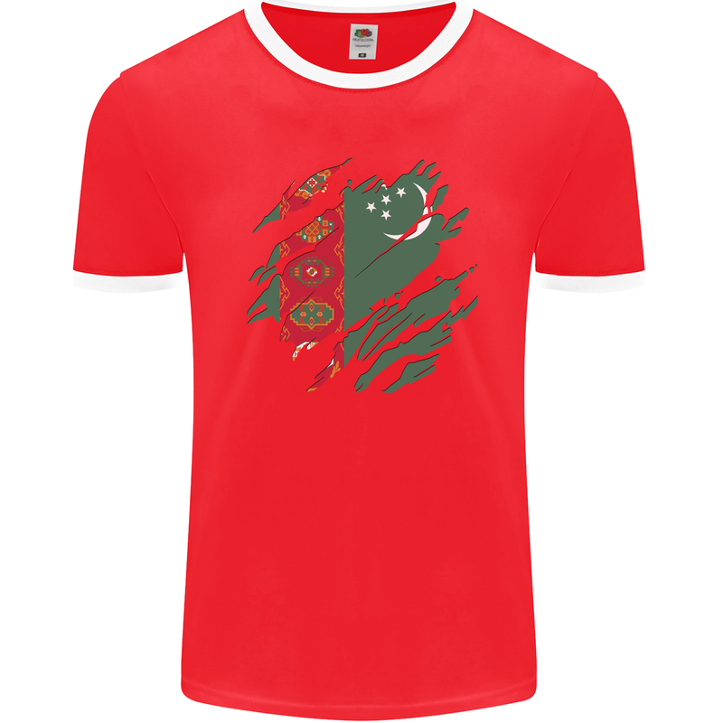 Torn Turkmenistan Flag The Turkmen Day Football Mens Ringer T-Shirt FotL Red/White