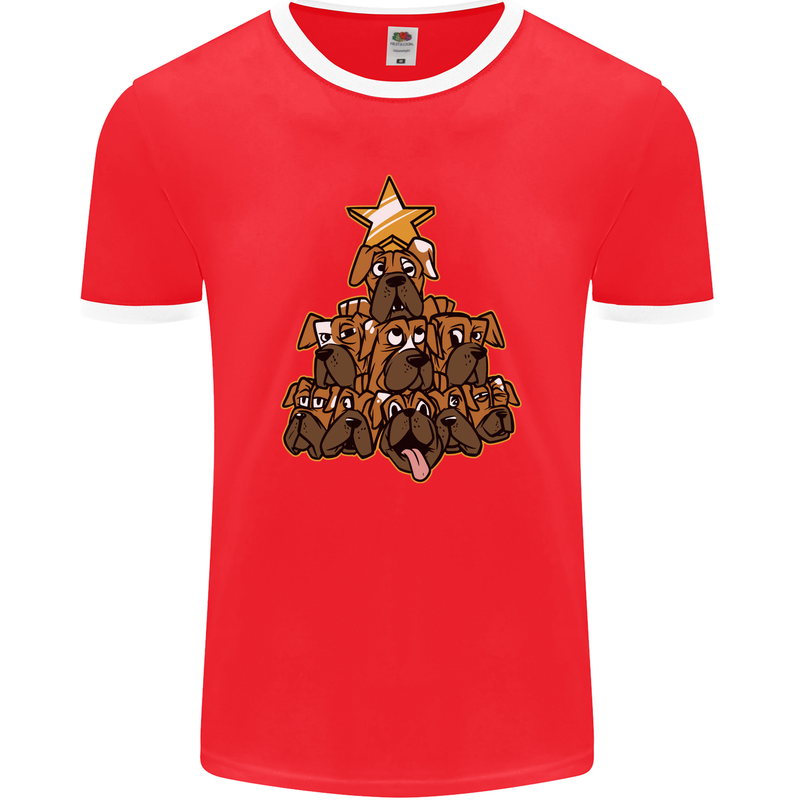 Christmas Boxer Dog Xmas Tree Funny Mens Ringer T-Shirt FotL Red/White