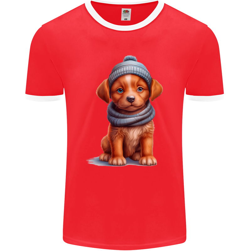 Winter Puppy With Hat and Scarf Dog Mens Ringer T-Shirt FotL Red/White