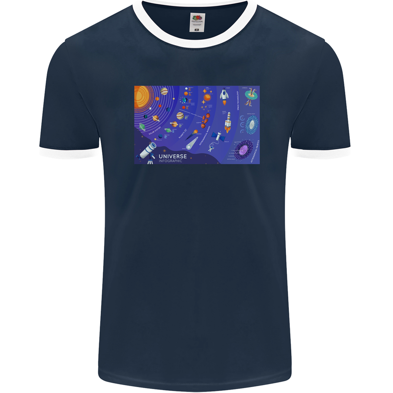 Galaxy Infographic Space Technology Planets Mens Ringer T-Shirt FotL Navy Blue/White