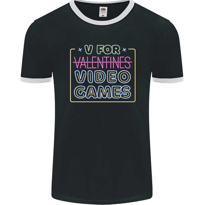 V Video Games Anti Valentines Day Gamer Gaming Mens Ringer T-Shirt FotL Black/White