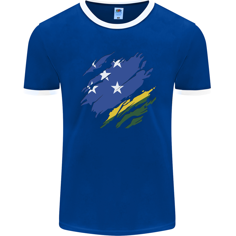 Torn Solomon Islands Flag Day Football Mens Ringer T-Shirt FotL Royal Blue/White