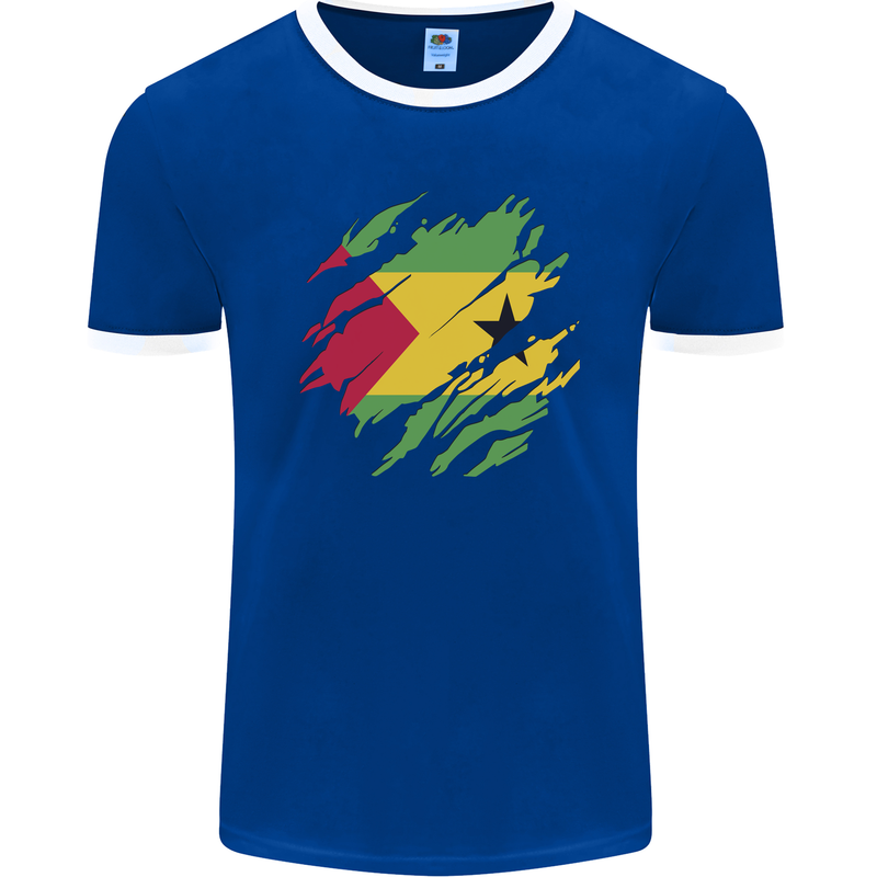 Torn Sao Tome and Principe Flag Day Football Mens Ringer T-Shirt FotL Royal Blue/White