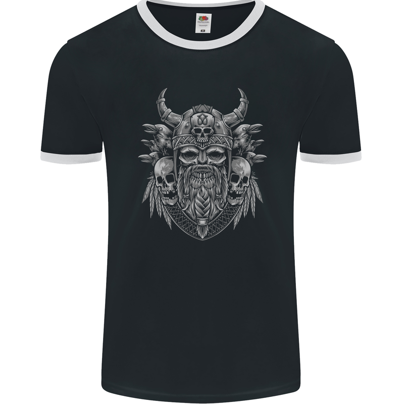 Odin Norse God With Skulls and Crows Viking Mens Ringer T-Shirt FotL Black/White