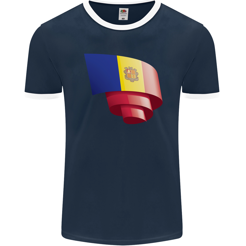 Curled Andorra Flag Andorran Day Football Mens Ringer T-Shirt FotL Navy Blue/White