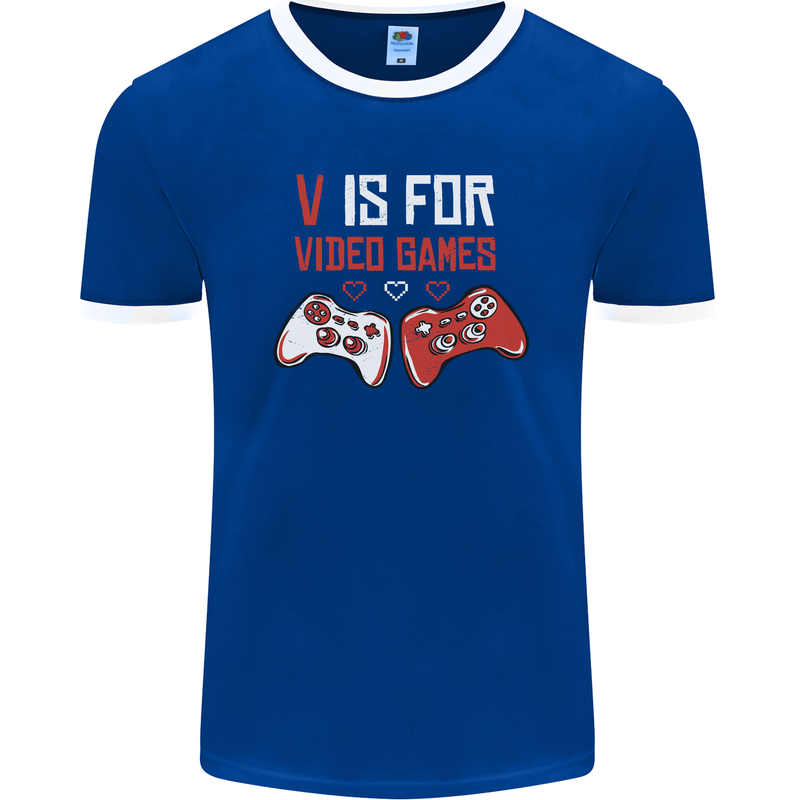 V is For Video Games Funny Gaming Gamer Mens Ringer T-Shirt FotL Royal Blue/White