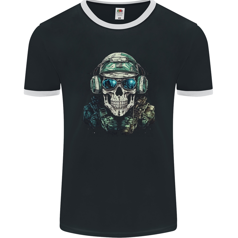 Military Skull Army Marines Artillery Soldier Mens Ringer T-Shirt FotL Black/White
