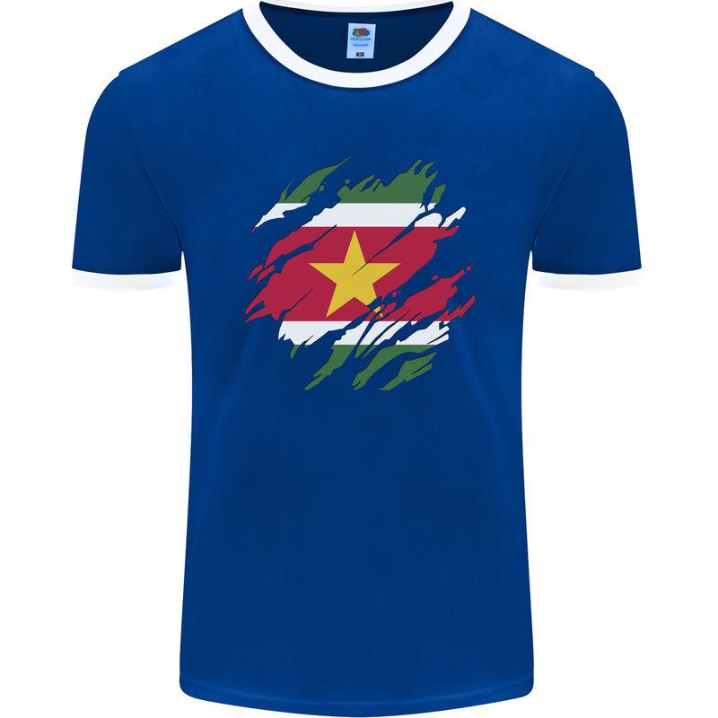 Torn Suriname Flag Suriname Day Football Mens Ringer T-Shirt FotL Royal Blue/White