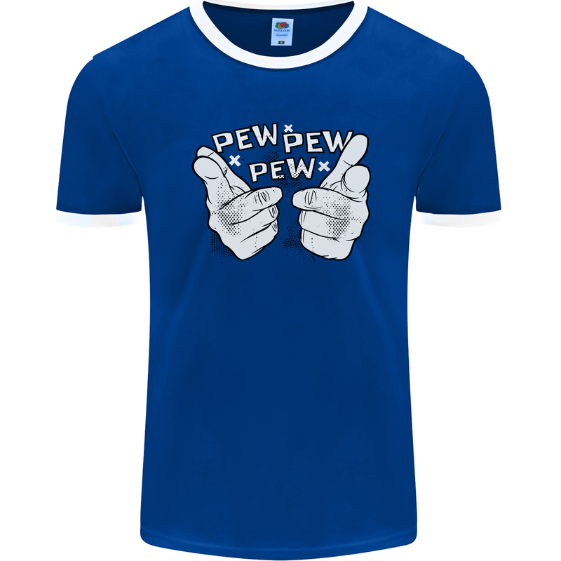 Pew Pew Pew Hands Funny Sci-Fi Lightsaber Mens Ringer T-Shirt FotL Royal Blue/White