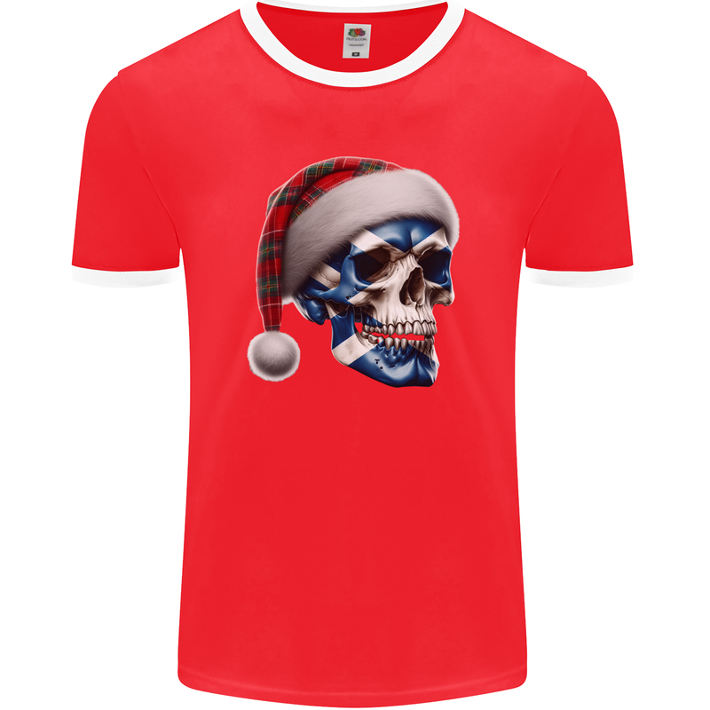 Scotland Christmas Skull Xmas Scottish Flag Biker Mens Ringer T-Shirt FotL Red/White