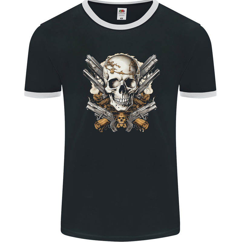 A Skull With Guns Cowboy Biker Mens Ringer T-Shirt FotL Black/White