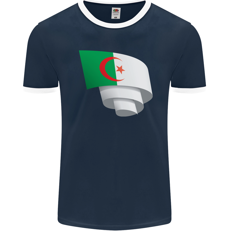 Curled Algeria Flag Algerian Day Football Mens Ringer T-Shirt FotL Navy Blue/White