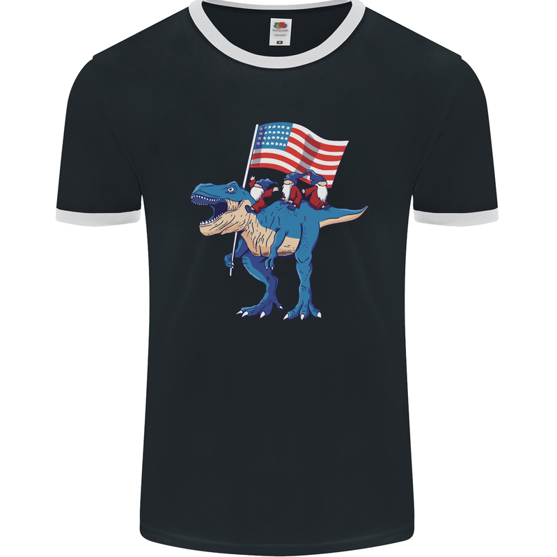 USA T-Rex Gnome American Flag Dinosaur Mens Ringer T-Shirt FotL Black/White