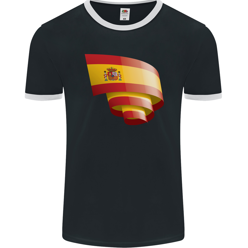 Curled Spain Flag Spanish Day Football Mens Ringer T-Shirt FotL Black/White