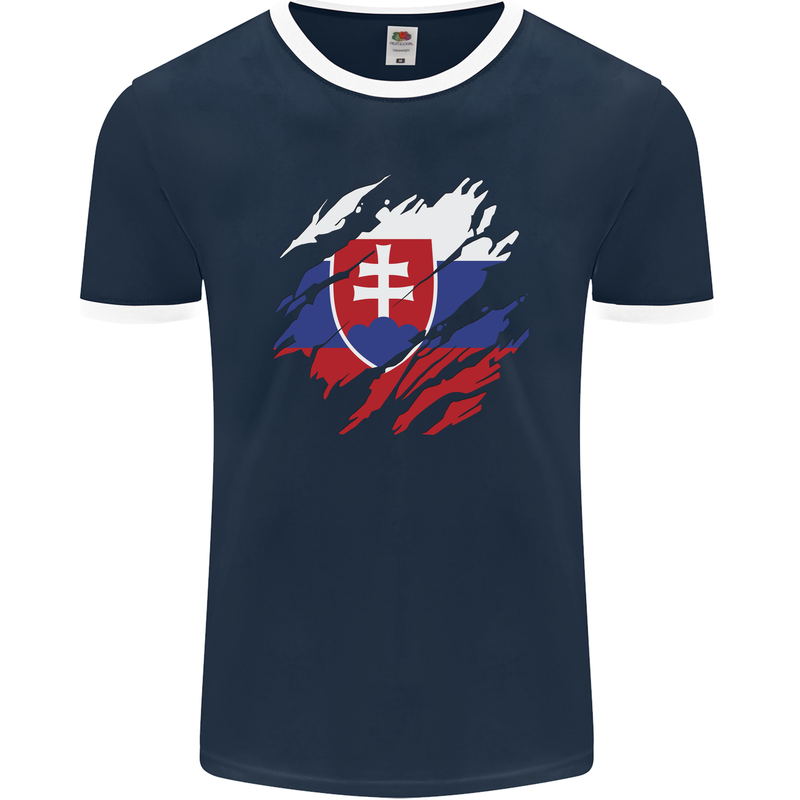 Torn Slovakia Flag Slovakia Day Football Mens Ringer T-Shirt FotL Navy Blue/White