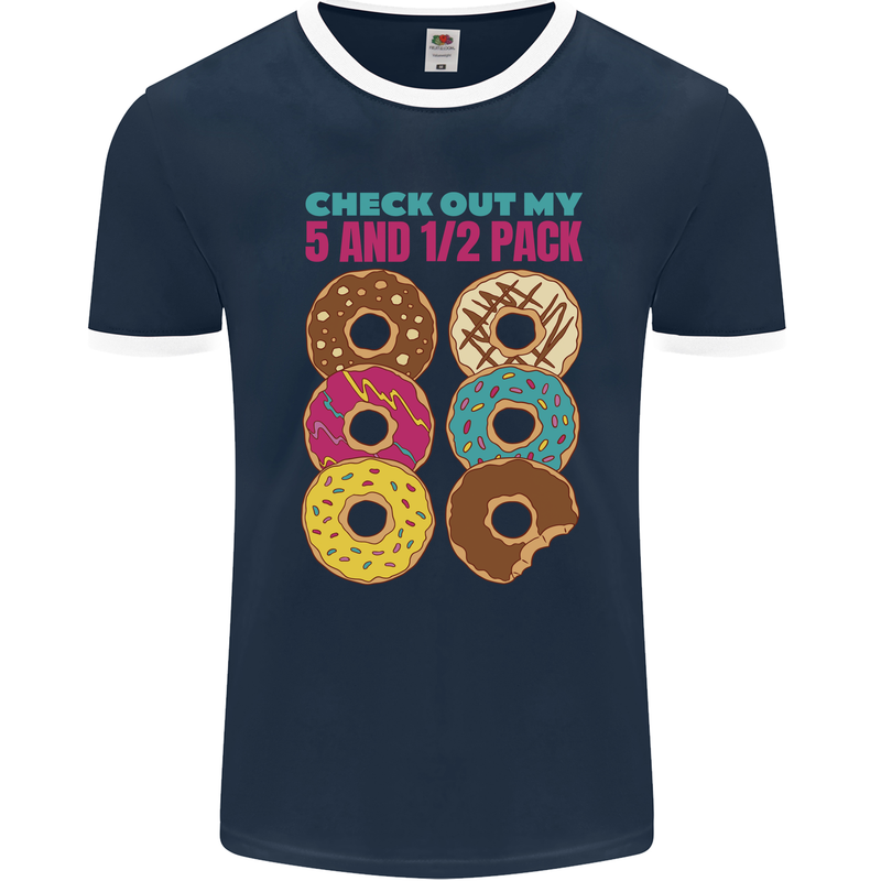 Funny Donut Check Out My 5 1/2 Pack Food Gym Mens Ringer T-Shirt FotL Navy Blue/White