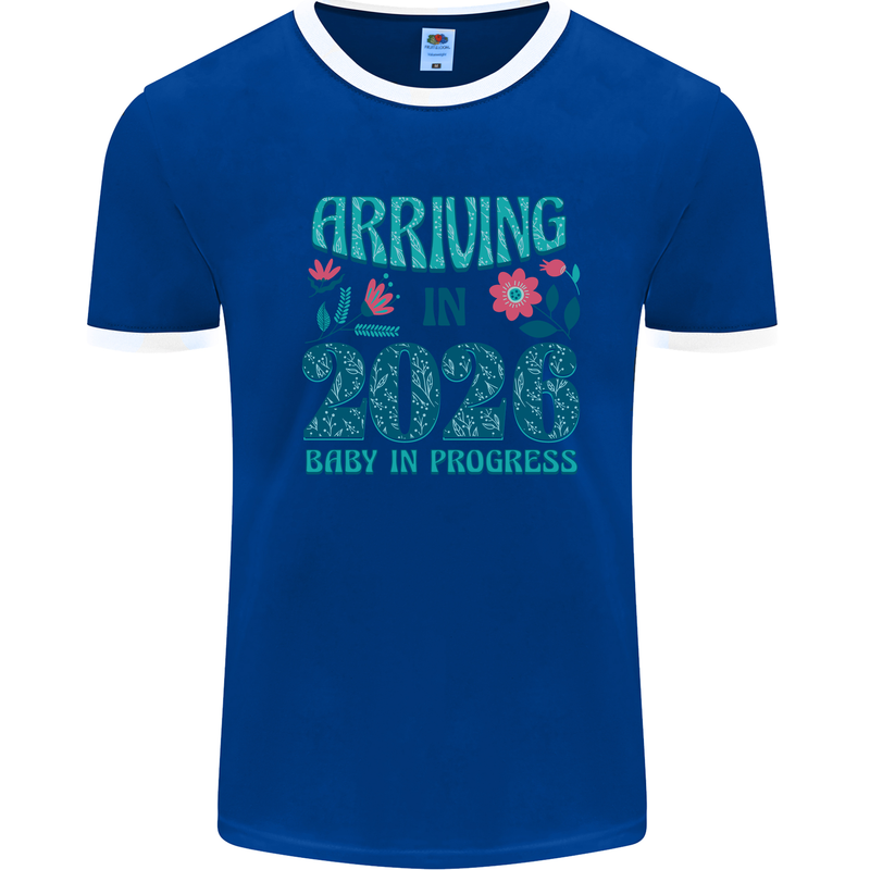 Arriving 2026 New Baby Pregnancy Pregnant Mens Ringer T-Shirt Royal Blue/White