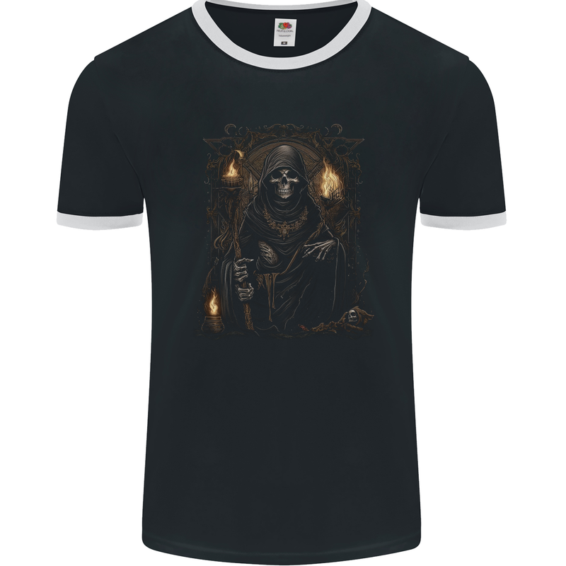 Gothic Grim Reaper Goth Heavy Metal Skull 8 Mens Ringer T-Shirt FotL Black/White