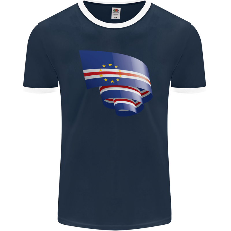 Curled Cape Verde Flag Verdean Day Football Mens Ringer T-Shirt FotL Navy Blue/White