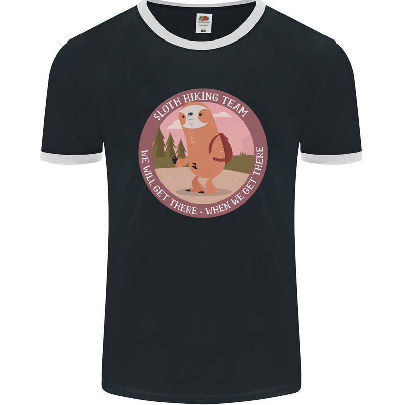 Sloth Hiking Team Funny Trekking Walking Mens Ringer T-Shirt FotL Black/White