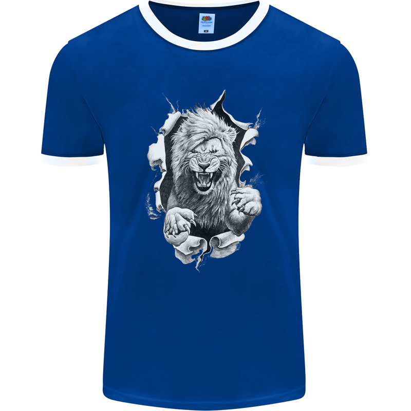 Lion Ripping Through the Fabric Mens Ringer T-Shirt FotL Royal Blue/White