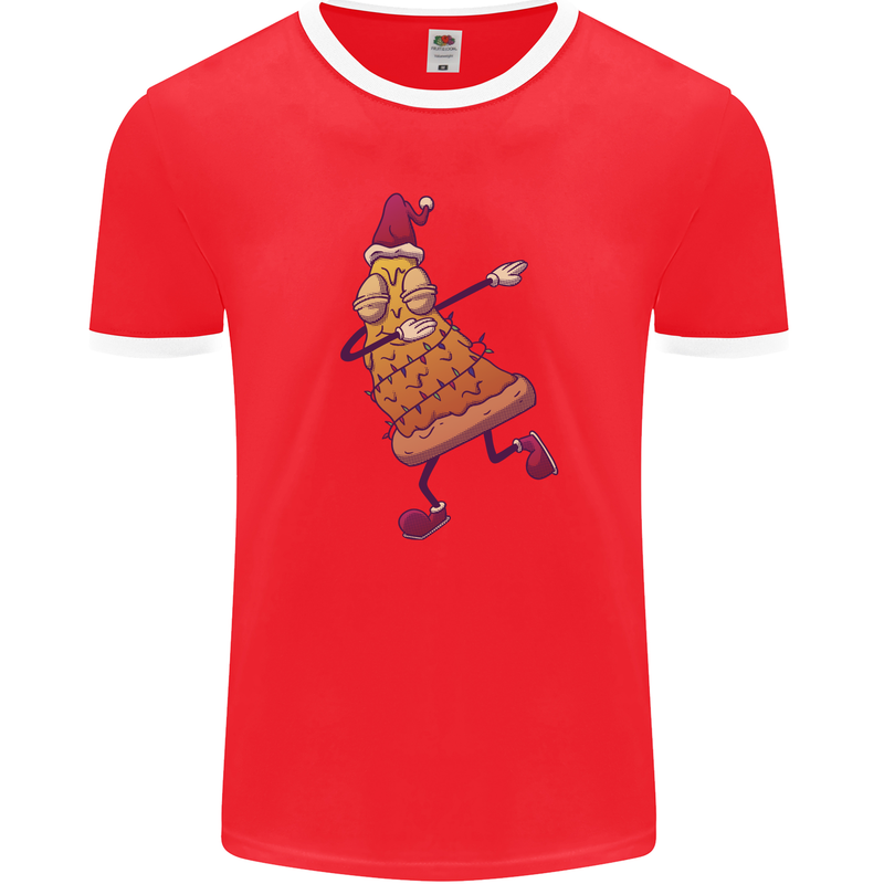 A Slice of Christmas Pizza Funny Xmas Mens Ringer T-Shirt FotL Red/White