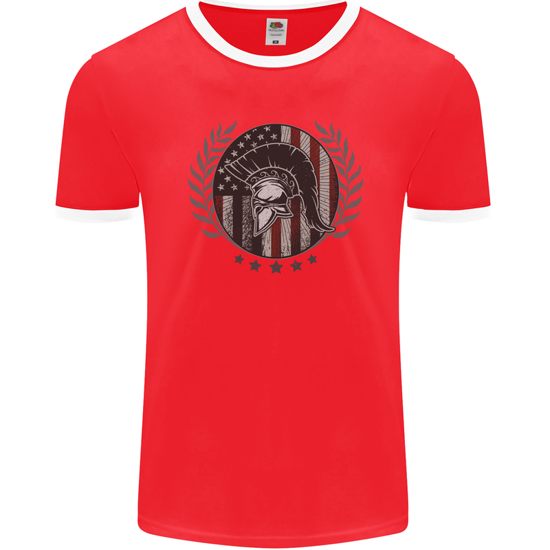 USA Bodybuilding Flag Gym Training Spartan Mens Ringer T-Shirt FotL Red/White