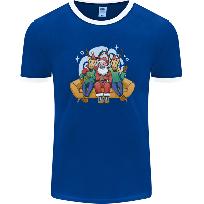 Santa Claus Chilling With Reindeers Christmas Xmas Mens Ringer T-Shirt FotL Royal Blue/White