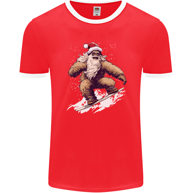 Snowboarding Yeti Christmas Bigfoot Xmas Funny Mens Ringer T-Shirt FotL Red/White