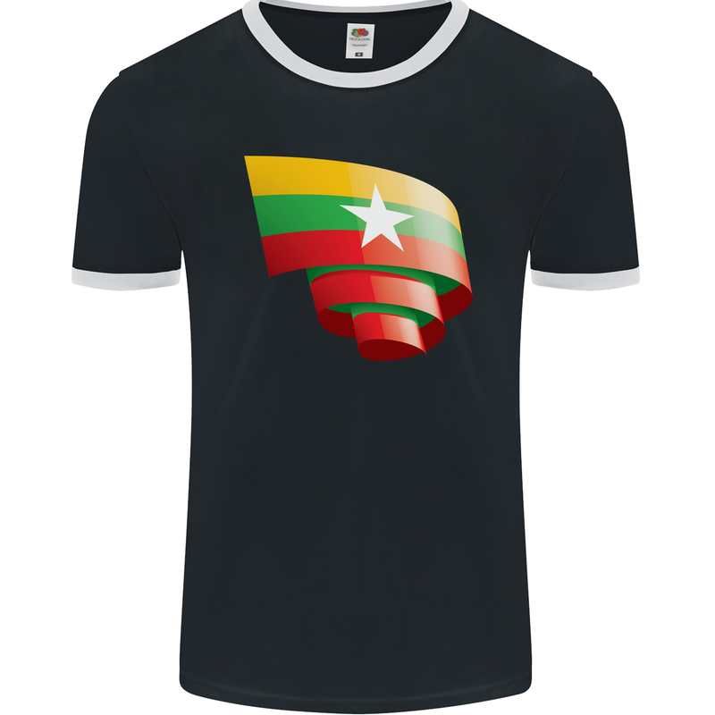 Curled Myanmar Flag Burmese Day Football Mens Ringer T-Shirt FotL Black/White
