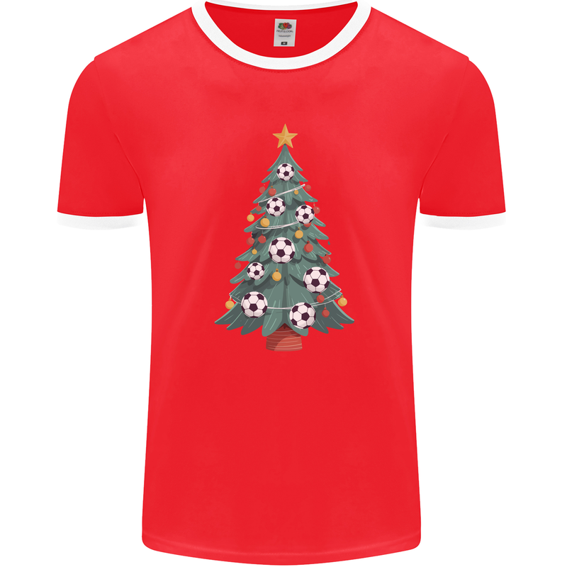 Christmas Football Tree Xmas Soccer Footy Mens Ringer T-Shirt FotL Red/White