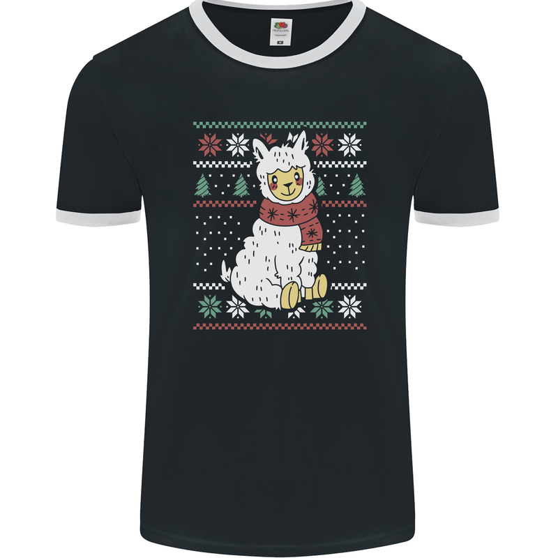 Xmas Llama Wearing a Christmas Scarf Mens Ringer T-Shirt FotL Black/White