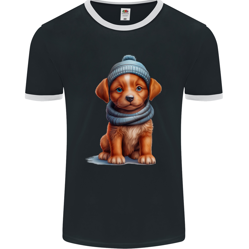 Winter Puppy With Hat and Scarf Dog Mens Ringer T-Shirt FotL Black/White