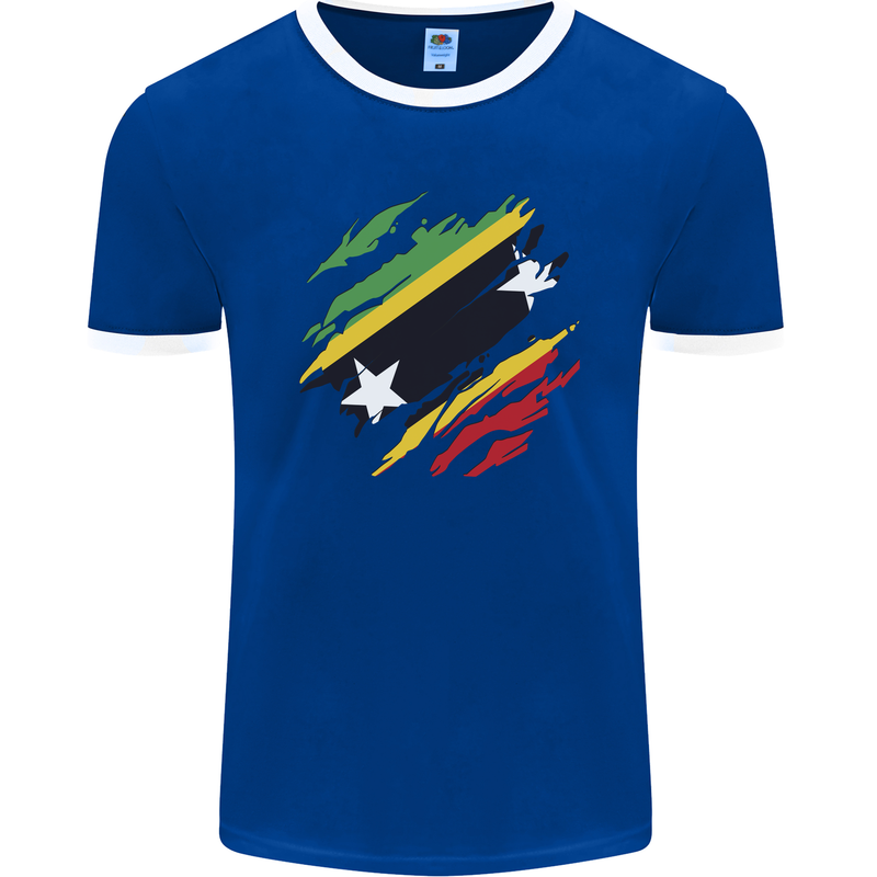 Torn Saint Kitts and Nevis Flag Day Football Mens Ringer T-Shirt FotL Royal Blue/White