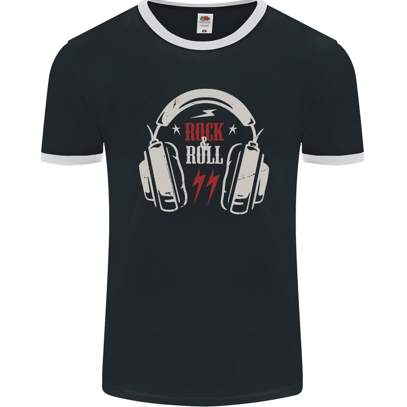 Rock n Roll Headphones Music Mens Ringer T-Shirt FotL Black/White