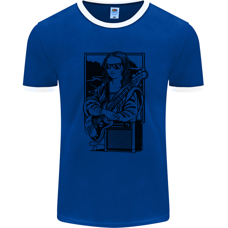 Electric Guitar Mona Lisa Rock Music Player Mens Ringer T-Shirt Royal Blue/White