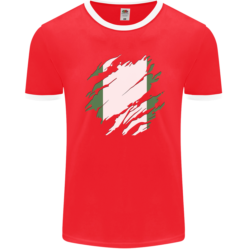 Torn Nigeria Flag Nigerian Day Football Mens Ringer T-Shirt FotL Red/White